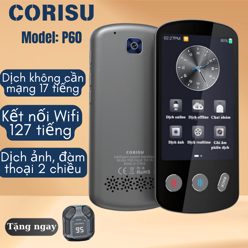 Máy phiên dịch giọng nói trực tiếp Corisu P60 màn hình cảm ứng 4.0 siêu to dịch offline 11 ngôn ngữ