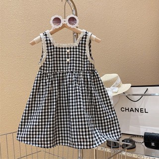 Váy Bé Gái The Pig, Đầm Bé Gái Chất Thô Lụa Kẻ Caro Mix Ren Trắng Xinh Xắn Cho Bé Từ 2 - 8T