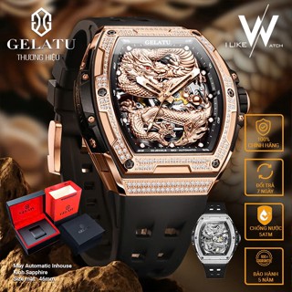 Đồng hồ nam GELATU lộ cơ automatic viền đá cao cấp,Đồng hồ đeo tay dây silicone chống nước,Đồng hồ thể thao dành cho nam