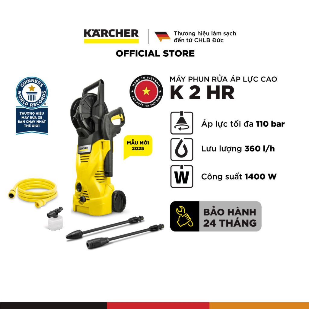   Mới 2025  Máy phun rửa áp lực cao Karcher K 2 HR - Công suất 1400W áp lực 110 bar phù hợp rửa xe - Bảo hành 24 tháng 