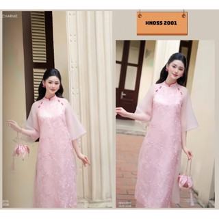 Áo Dài Cách Tân 4 Tà Tơ Thêu Cổ Cao Tay Phối Đính Cúc Nhẹ Nhàng Siêu Xinh