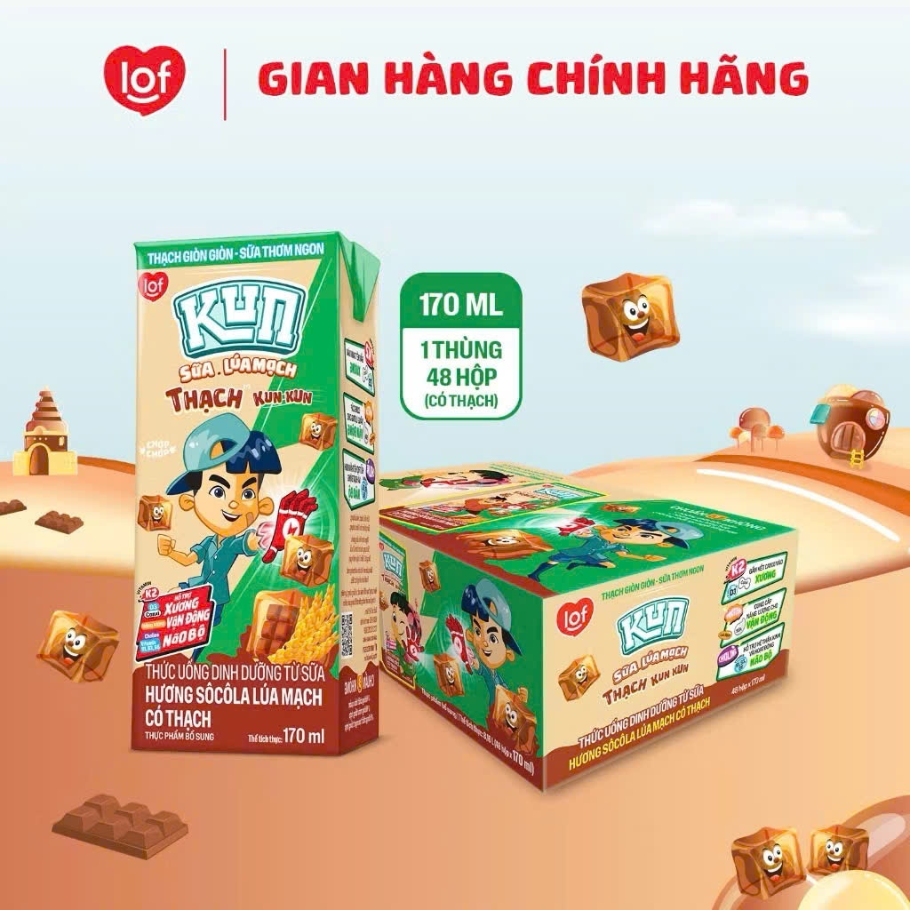 Kun Sữa trái cây có Thạch vị socola thùng 48 hộp x 170ml/100ml
