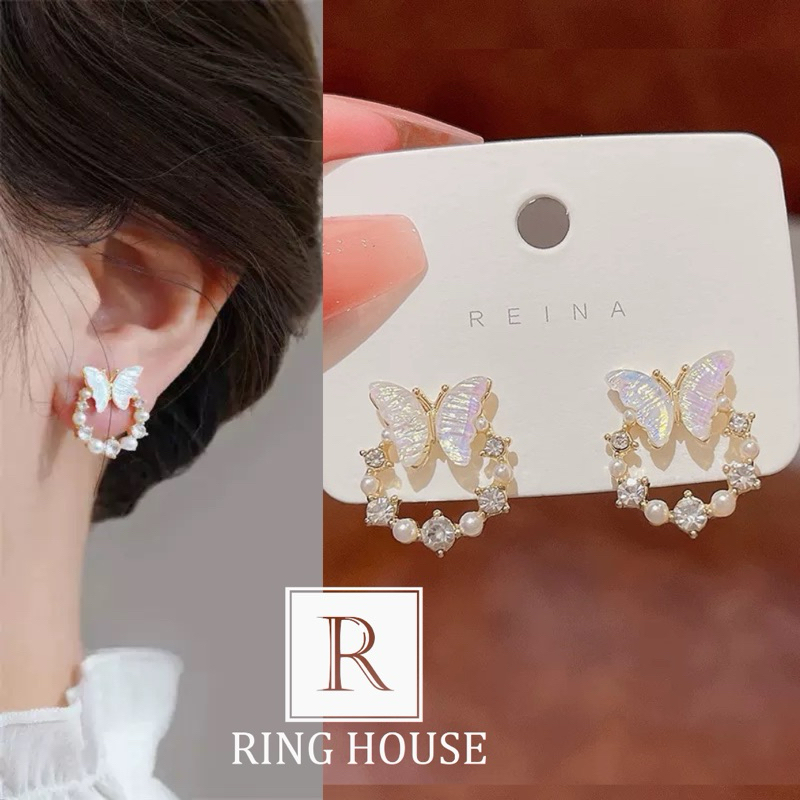 E111 khuyên tai nữ tròn đính bướm 7 sắc