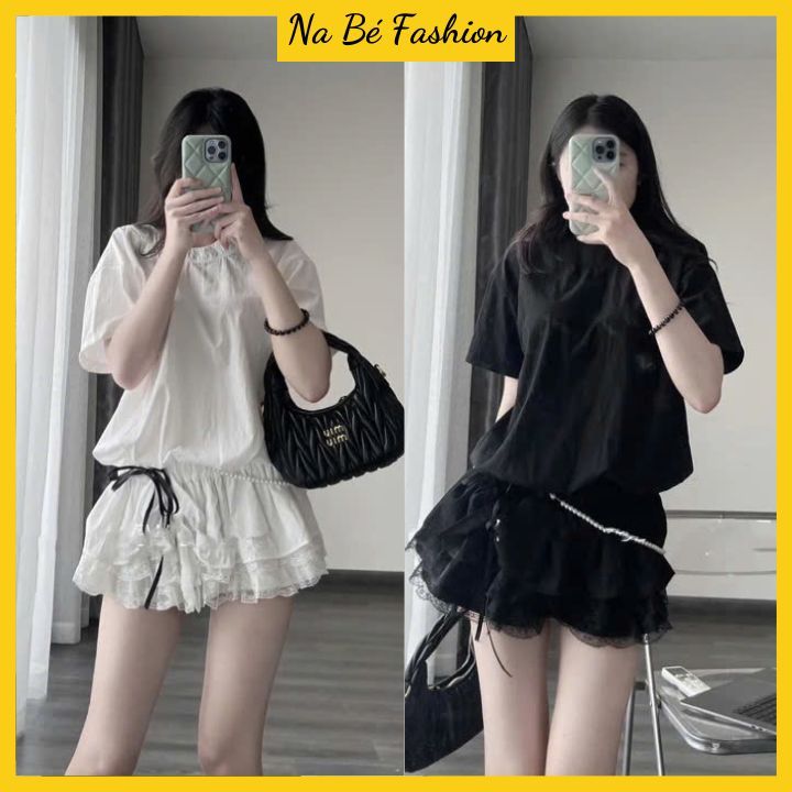 [TẶNG KÈM QUẦN] Set bộ jumpsuit gió su liền chân váy phối ren kèm dây ngọc sang chảnh NA44