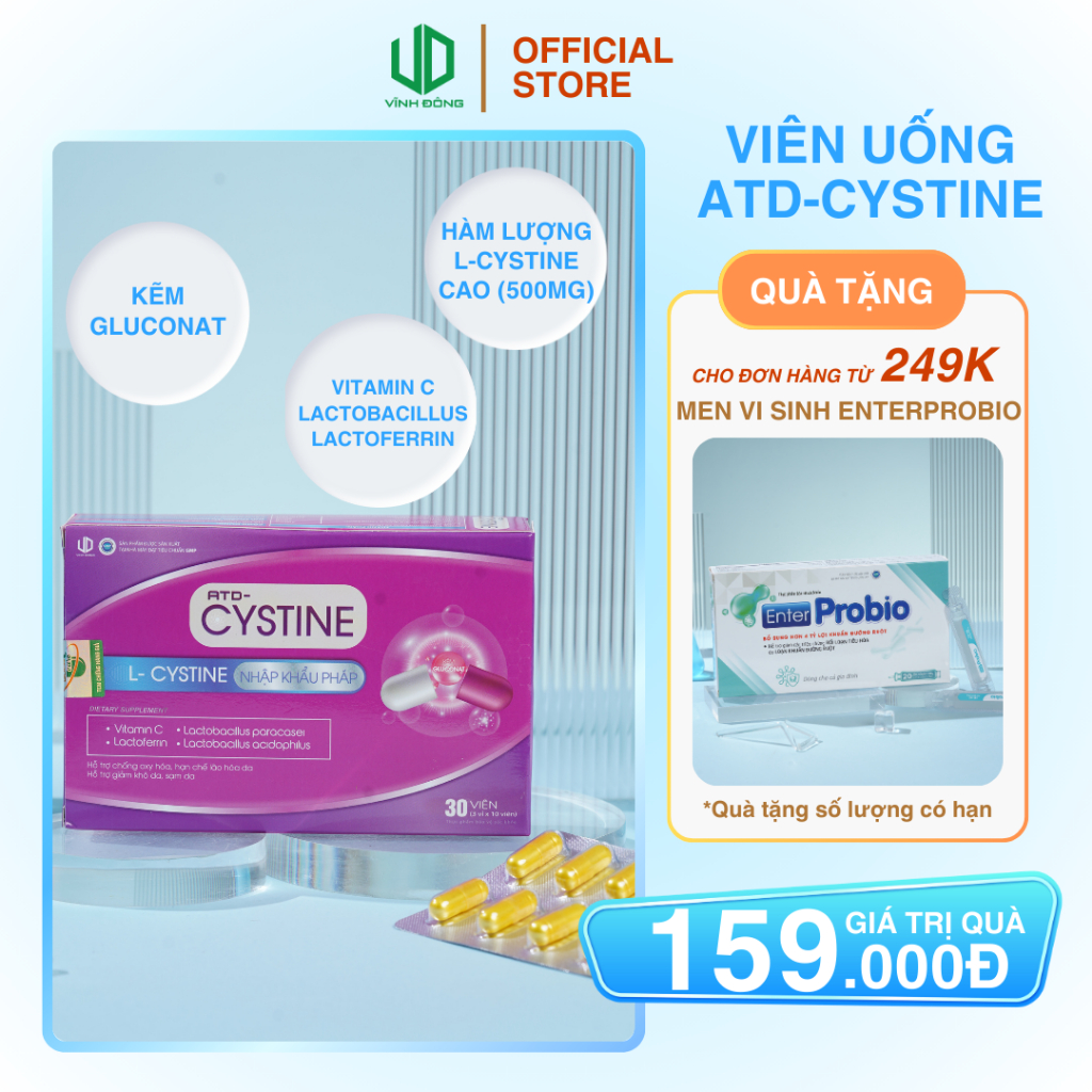 Cystine - viên uống giảm mụn giảm rụng tóc trắng da Vĩnh Đông hộp 30 viên