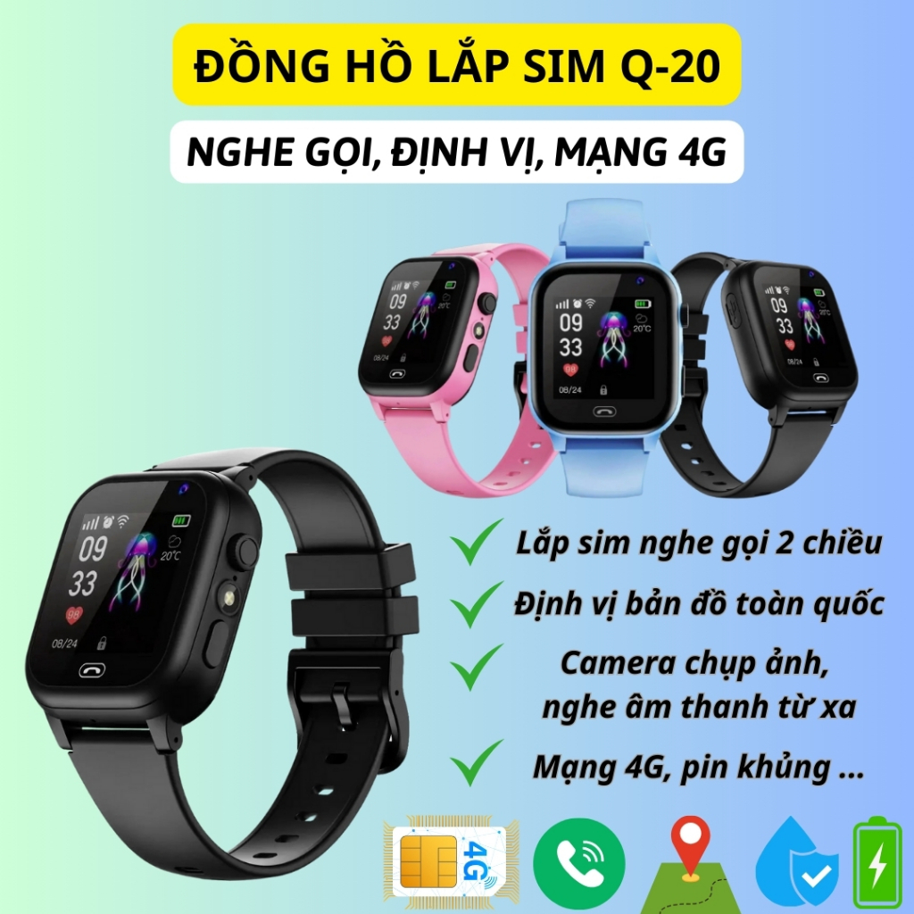  Đồng Hồ Thông Minh Lắp Sim Trẻ Em Q15 nghe gọi 2 chiều định vị toàn quốc mạng 4G App kết nối phụ huynh theo dõi con 