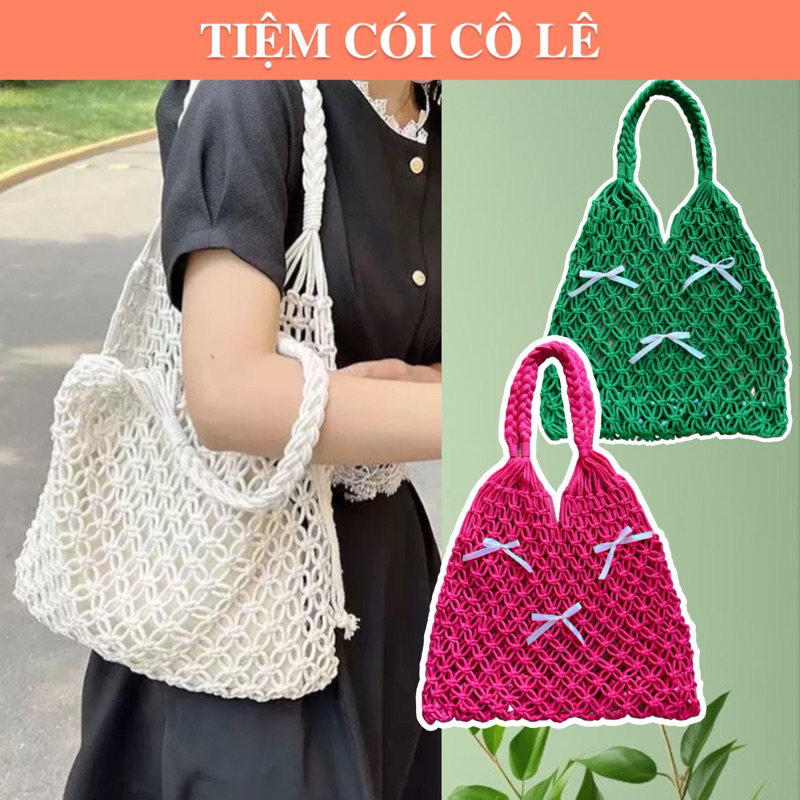 (Loại 1 len đẹp)Túi lưới trơn đi biển đan thưa quai bện hàng cực dày dặn - Tiệm Cói Cô Lê