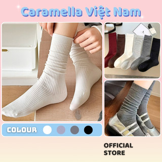  Tất Trơn Cao Cổ Caramella Tất Chân Nữ Gân Nhỏ Chất Cotton Dày Dặn Thời Trang Tất Len Vớ Lửng H076 