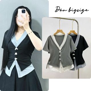 Áo thun bigsize nữ tay ngắn cổ chữ V phối viền nữ tính kèm họa tiết nơ tà chéo hách eo chất tăm mềm mịn - A271
