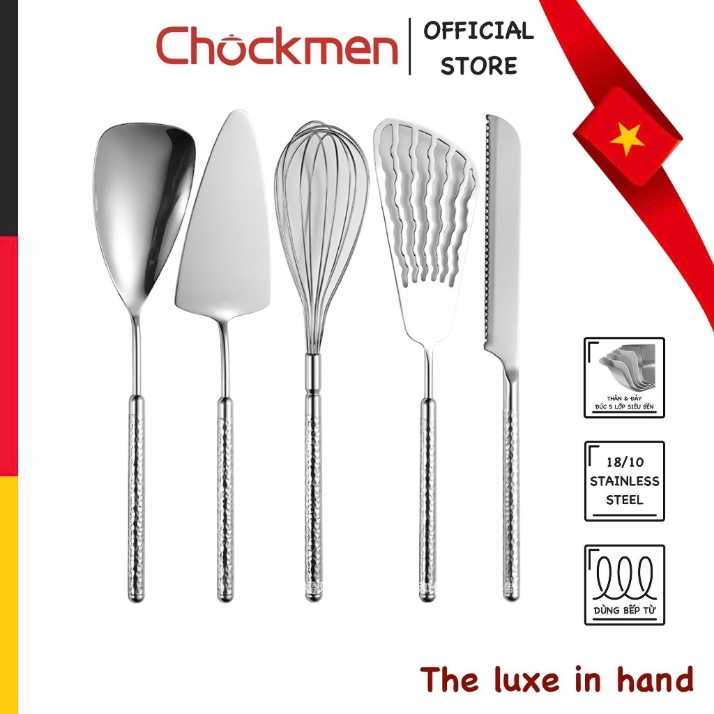 Bộ Dụng Cụ Nhà Bếp CHOCKMEN Inox 18/10 Muôi Chia Đồ Ăn Xẻng Xào Lật Rán Dao Cắt Bánh Mì SET SẦN TRÒN