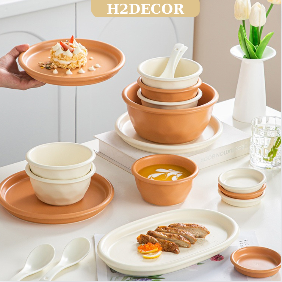 Tách lẻ Bộ bát đĩa gia đình phong cách retro màu pastel tráng men cao cấp - H2DECOR