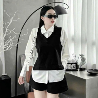  Set Bộ Sơ Mi Bigsize Nữ Áo Sơ Mi Đuôi Tôm Kiểu Gile Phối Quần Short Lưng Cao Cá Tính - SET944 