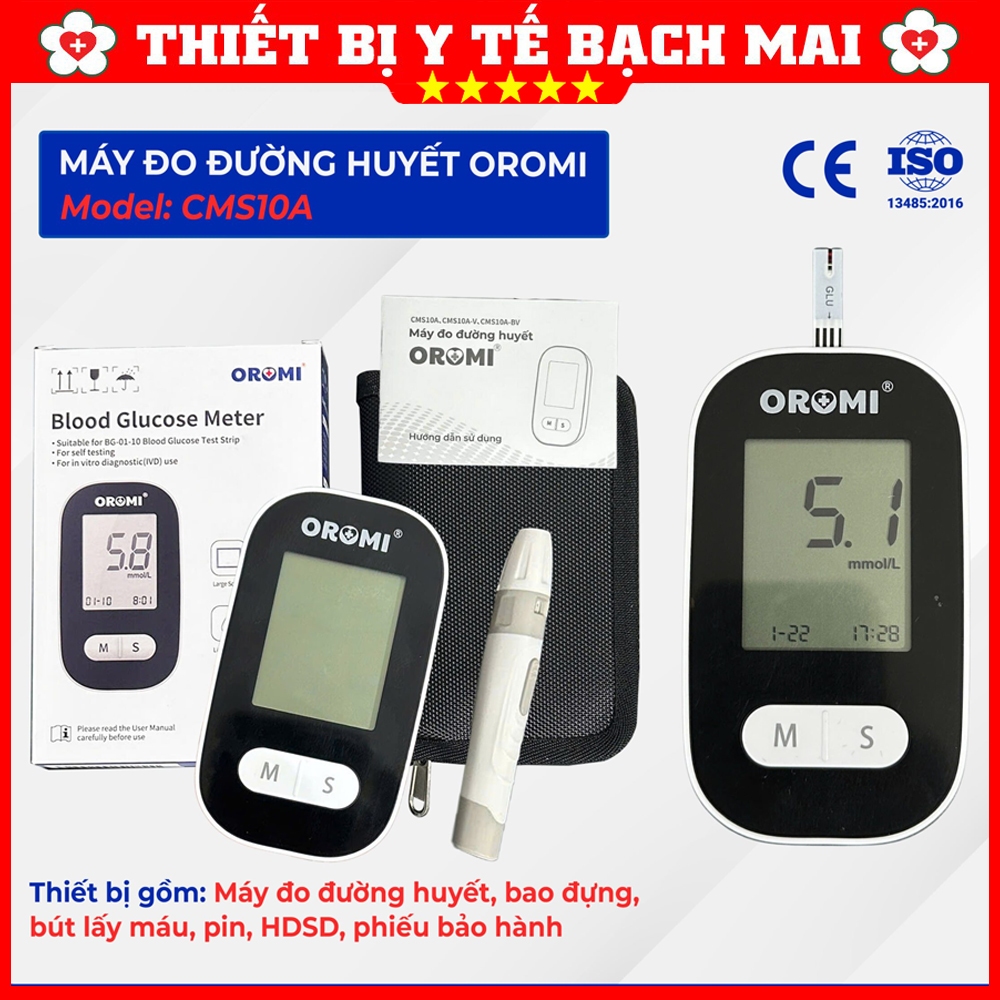 Máy Thử Đường Huyết OROMI CMS10A - Máy Đo Đường Huyết, Tiểu Đường Tặng 50 Que Thử, 50 Kim Lấy Máu
