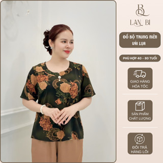 ĐỒ BỘ NỮ, ĐỒ BỘ MẶC NHÀ TRUNG NIÊN CHO MẸ ÁO HỌA TIẾT PHỐI PHỤ KIỆN SANG CHẢNH LANBISHOP MS11