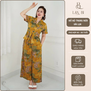 Set Đồ bộ trung niên cách điệu cho mẹ, áo có cổ, quần ống rộng, quần giả váy, chất lụa nhập MS30