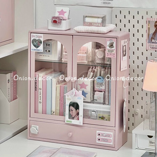 Tủ thép 2 cánh trong suốt mini để bàn màu pastel