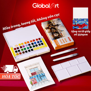 Màu Nước Global Art Dạng Nén 24 36 Màu Solid Water Color, Màu Trong Loang Tốt Kèm Bút Vẽ Chuyên Nghiệp