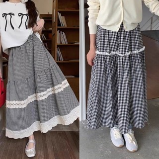 chân váy midi kẻ caro xoè tầng phối ren hàn quốc