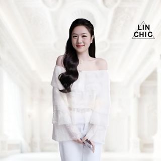 Áo kiểu trễ vai tay dài kèm charm nơ áo nữ xinh ren tầng hoạ tiết tiểu thư Linchic A-TVR9 