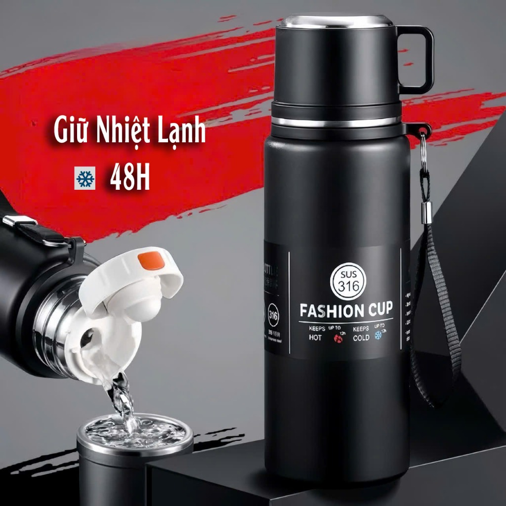 Bình nước giữ nhiệt thể thao inox 316 tốt, nắp inox làm cốc, lọc trà, dung tích 500-1500ml BTC08