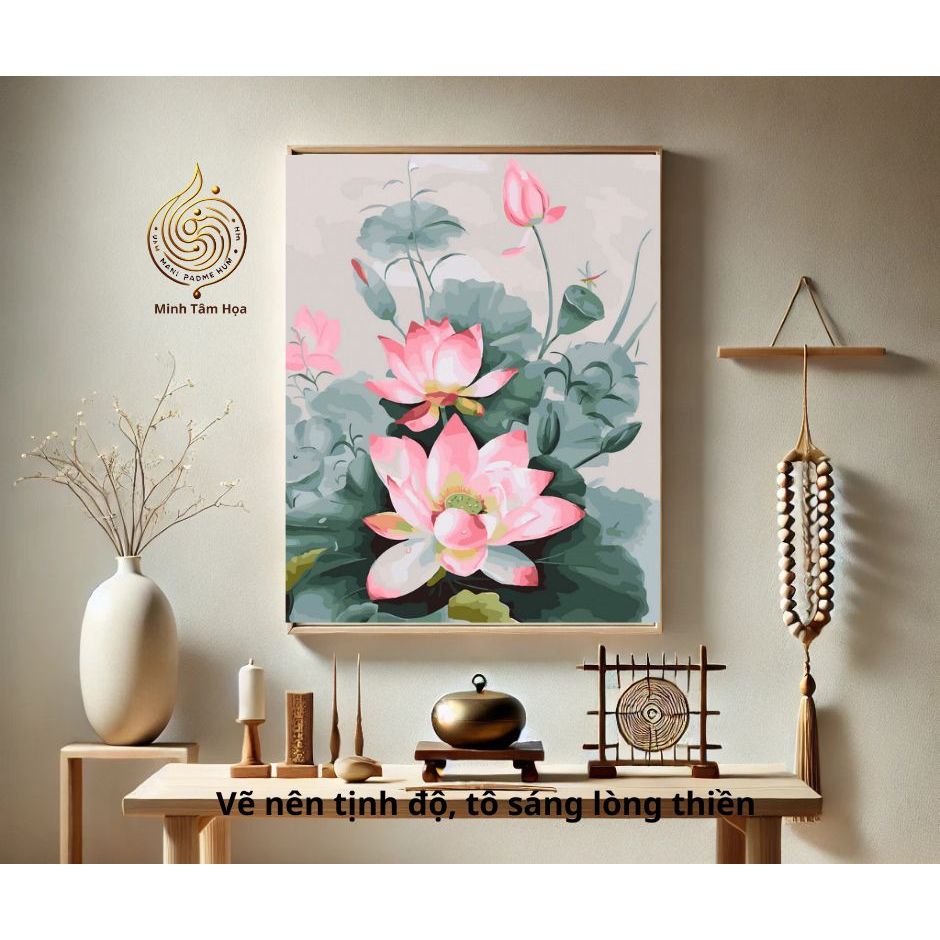 Tranh hóa số Phật Pháp Tranh hóa số hoa sen tặng kinh chép mờ miễn phí đã căng khung 40x50cm