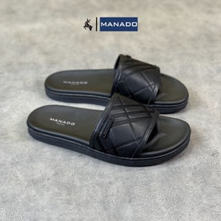Dép nam da bò cao cấp thêu họa tiết BBR Mã RND40- Dép Manado quai ngang - hộp sang trọng - Bảo hành 6 tháng