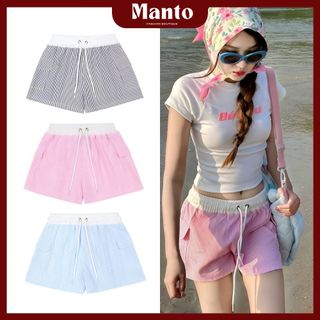 Quần short nữ đi biển mùa hè họa tiết sọc vải kate co dãn from rộng lưng chun dây rút cạp thấp - Manto Shop
