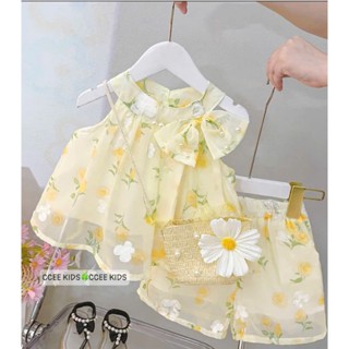 (8-24kg)Set Bộ Quần Áo Bé Gái Mùa Hè Chất Voan Tơ Thêu Hoa Cao Cấp 2 Lớp Dáng Babydoll Cổ Yếm Đính Nơ Ngọc Trai -BABY322