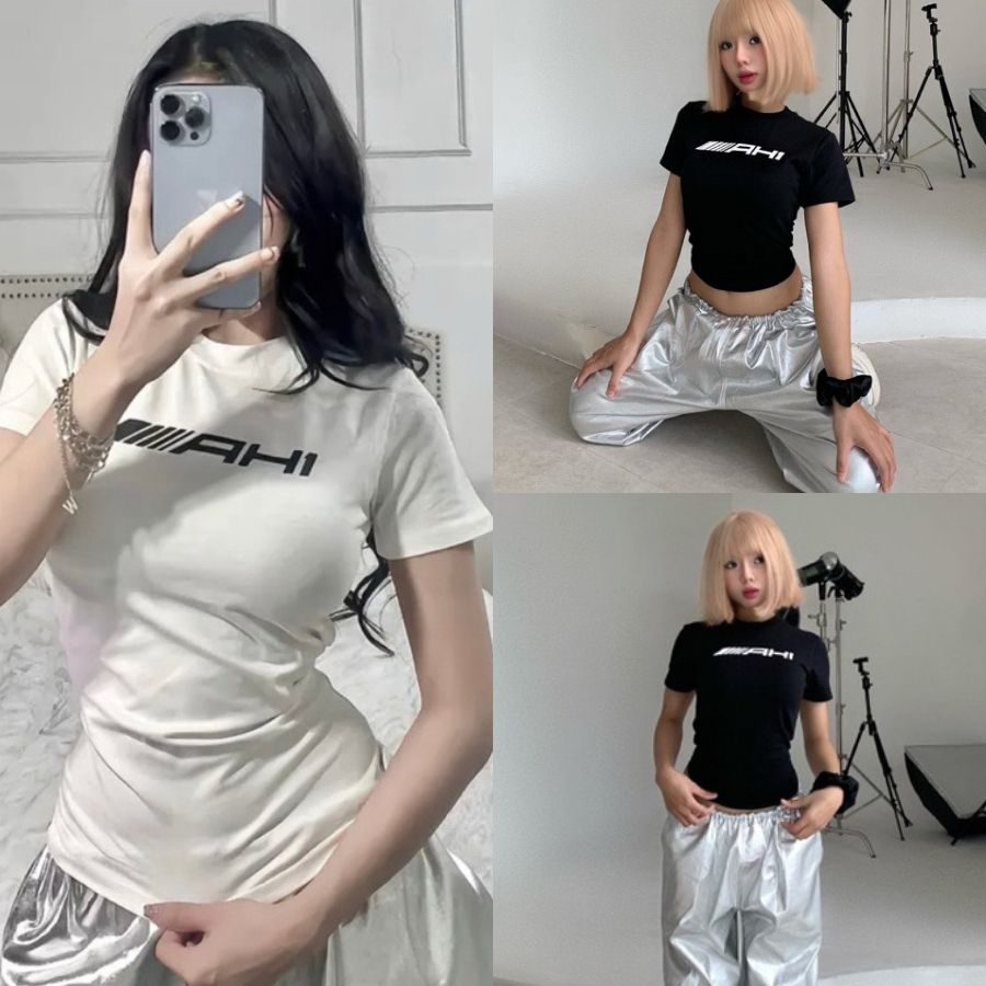 Áo thun baby tee in chữ ahihi xinh hai màu đen trắng VANISA CT194