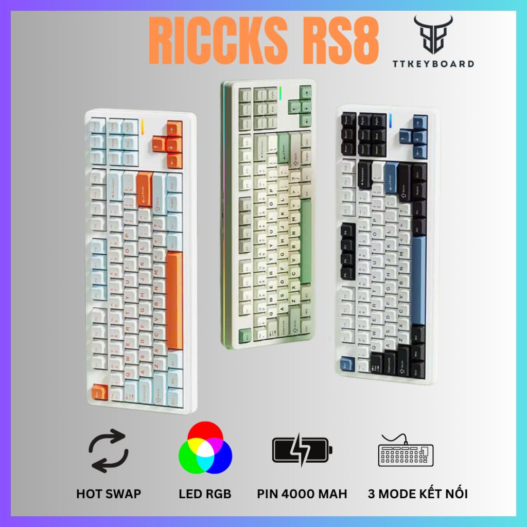 [Hỏa Tốc] Bàn Phím Cơ Riccks RS8 | 3 Mode| Led Viền| Keymap VIA/QMK| Hotswap Mạch Xuôi| Led RGB| TTK