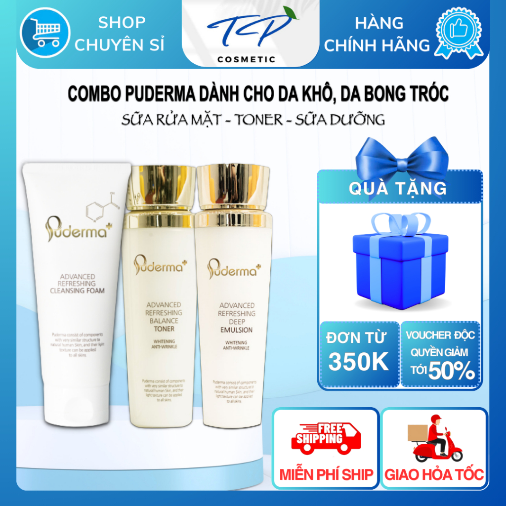 Combo dành cho da khô và da bong tróc: gồm sữa rửa mặt Puderma, Toner Puderma, và Sữa dưỡng Puderma