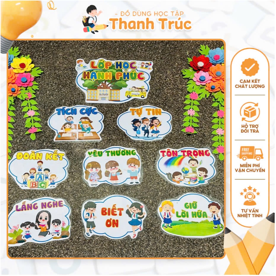 Lớp học hạnh phúc ngôi nhà mẫu mới, kích thước gồm 9 nội dung a3, a4, chất liệu ép plastic, sẵn băng