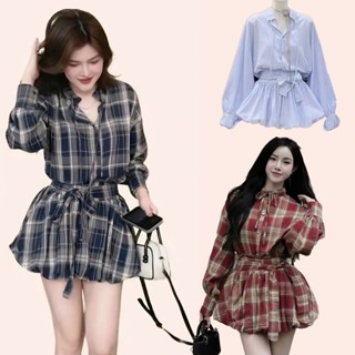 Set váy kẻ áo sơ mi rời + chân váy kèm đai buộc dáng bí bồng ống tay dài chất thô kẻ mềm  sang chảnh