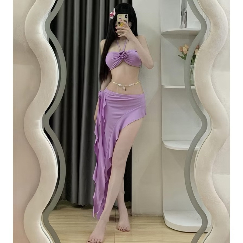 [SB138] Sét bộ nữ 3 món áo lót bikini bra dây hở lưng phối áo khoác lững tay dài chất xốp lưới kèm chân váy ngắn có quần | BigBuy360 - bigbuy360.vn