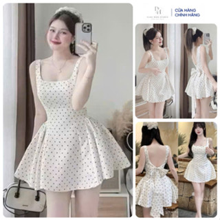  Váy 2 Dây Dáng Xòe Bánh Bèo trắng chấm bi nơ lưng DH STUDIO Váy Đi Tiệc Cổ Vuông Cao Cấp Đẹp Quyến Rũ ,Sang Trọng 