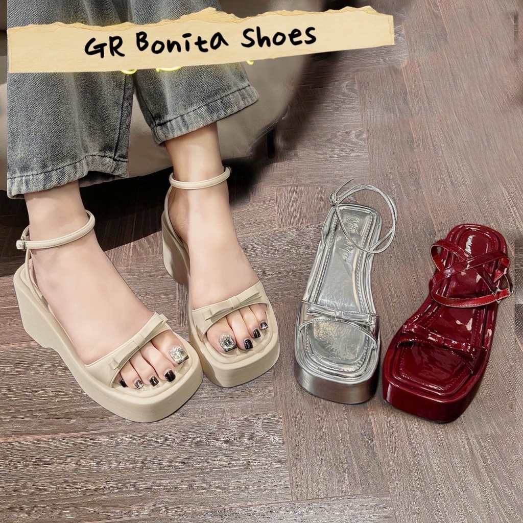 NS2 Sandal đế xuồng quai nơ nhí mũi vuông khóa vòng chân cao 7 cm - Bonita Shoes BMS16
