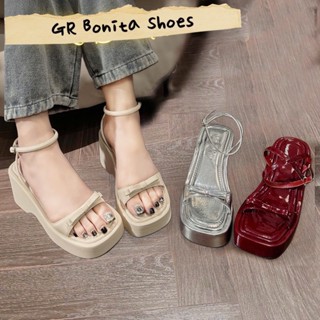 NS2 Sandal đế xuồng quai nơ nhí mũi vuông khóa vòng chân cao 7 cm - Bonita Shoes BMS16
