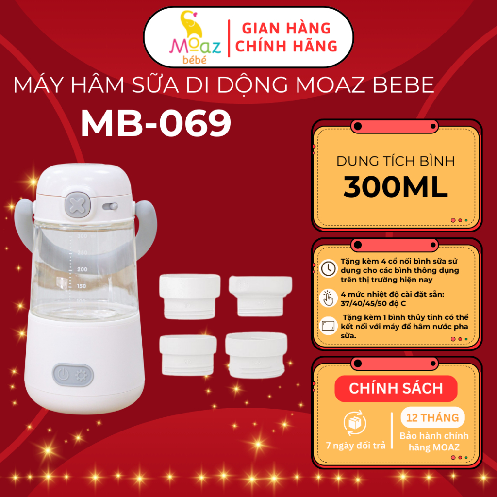 Máy hâm sữa di động cầm tay Moaz bebe MB069, bình hâm nước pha sữa tiện lợi kèm bình thủy tinh 300ml