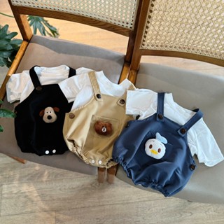 Body Yếm Cho Bé Trai Gái  Vải Thô Đính Gấu Kèm Áo Thun Cotton Trắng Yếm Bodychip Cho Bé Từ 4-13Kg TN151 C19