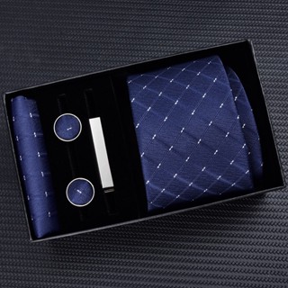 Bộ quà tặng Nam gồm Cà vạt bản nhỏ 6cm, kẹp cavat, khăn cài túi áo vest, khuy măng set