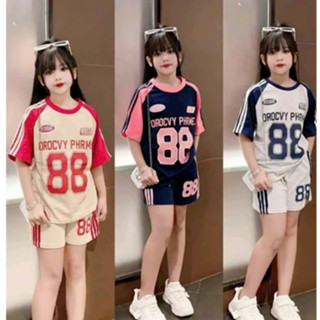 Bộ Quần Áo Thể Thao Mùa Hè Phối Sọc In Số 88 Đầy Cá Tinh Dành Cho Bé Gái 13-43kg Chất Liệu Cotton Su Thoáng Mát Mềm Mịn
