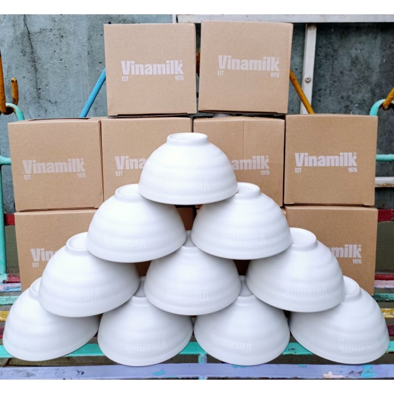 Set 10 chén sứ trắng trơn Donghwa dày dặn, cầm nặng tay có in logo Vinamilk (Quà tặng Vinamilk) ( 4 