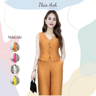 [Size 43-70KG] Set áo gile quần dài nữ, bộ đồ nữ mùa hè sang chảnh, chất vải đũi tơ xước mềm, mịn, mã B40