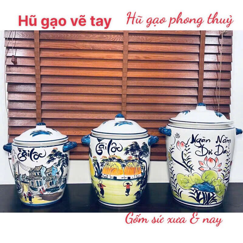 Chum đựng gạo bằng sứ, hũ gạo tài lộc, chum đựng gạo phong thuỷ gốm sứ Bát Tràng-Hũ đựng gạo vẽ tay gốm Bát Tràng GXSN03