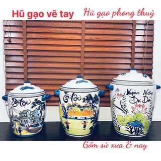 Chum đựng gạo bằng sứ, hũ gạo tài lộc, chum đựng gạo phong thuỷ gốm sứ Bát Tràng-Hũ đựng gạo vẽ tay gốm Bát Tràng GXSN03