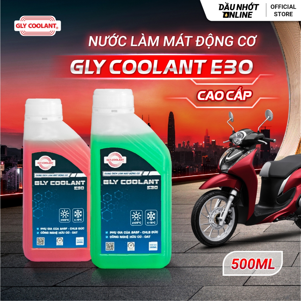 Nước làm mát động cơ Ô Tô, Xe Máy CAO CẤP GLY COOLANT E30 Xanh/Đỏ Chai 500ML