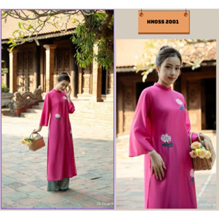 Áo Dài Cách Tân Dáng Suông Tơ Thêu Cổ Cao Tay Loe Siêu Xinh