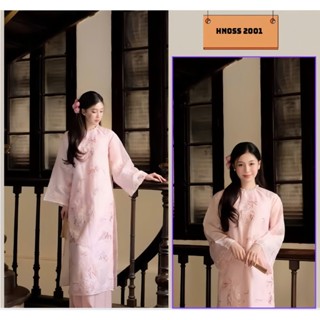 Áo Dài Cách Tân 4 Tà Tơ Thêu Hoa Cổ Tròn Đính Đá Tay Loe Điệu Đà Xinh Sắn