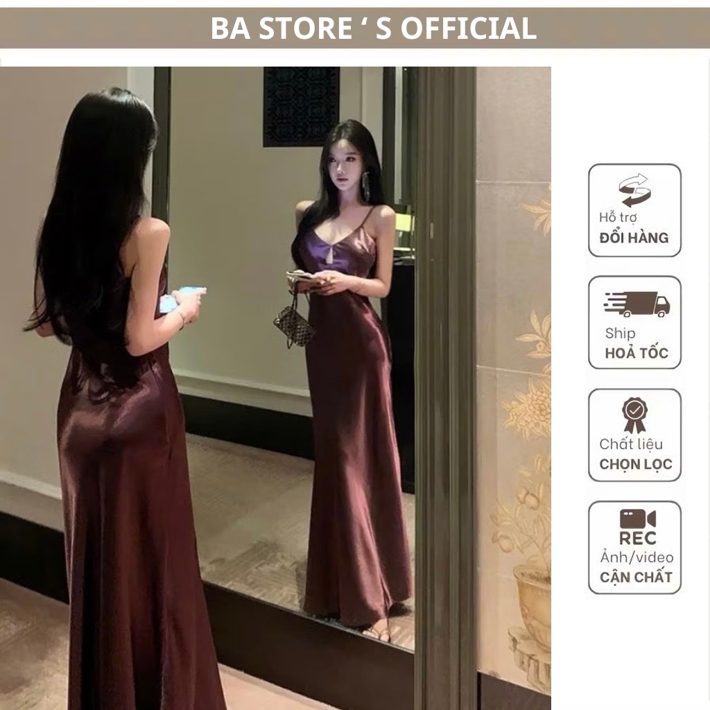 Đầm Lụa Hai Dây Dáng Dài Đuôi Cá,Váy Nữ Dự Tiệc Khoét Ngực Giọt Nước TH236