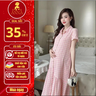  Váy bầu ANNA đầm bầu xinh cộc tay cài cúc giữa màu hồng dễ thương dáng công sở mặc siêu xinh 